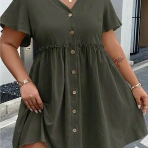 SHEIN Olive Green V-Neck Button Up Dress - Size Large